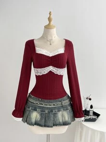 Elamini Minimalist Sexy Sweet & Spicy Girl Style Elegant Slim Fit Flattering High-End Red Lace T-Shirt For Women Spring Autumn - Burgundy - View 3
