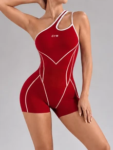 SHEIN Core Rhythm رومبير رياضي نسائي بكتف واحد مخطط بألوان متباينة - عنابي اللون - مشاهدة 3