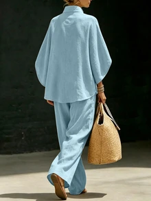 Linhara CURVE Plus Size Button Half-Placket Top And Pants Set Summer Holiday Beach - Blue - View 2