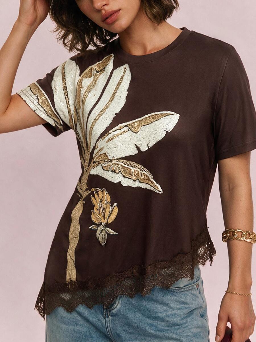 CAJUNI Chic Vacation Embroidery Golden Palm Tree Fancy Brown Lace Blouse - Brown - View 1
