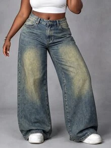 SHEIN MOD Celana Jeans Denim Kasual Longgar Kaki Lebar Pinggang Tinggi Saku Wanita Ukuran Besar - Dark Wash - View 3