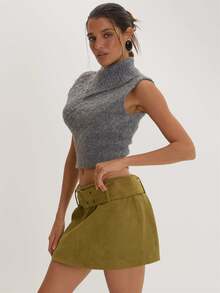 MUSEYN Grey Knit Folded Collar Sleeveless Top Versatile Everyday Casual Fall - Grey - View 3