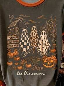 Resyla 復古萬聖節農舍風 Tis The Season 印花女款 T-shirt，女式驚悚季節上衣 - 深灰色 - 查看 4