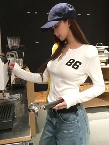 Dazy Tall 女款圓領字母印花韓式純色長袖春夏T恤 - 白色 - 查看 6