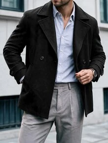 Manfinity Homme 男士純色休閒長袖外套，適合秋冬穿著，黑色大衣，鈕扣式大衣 - 黑色 - 查看 1