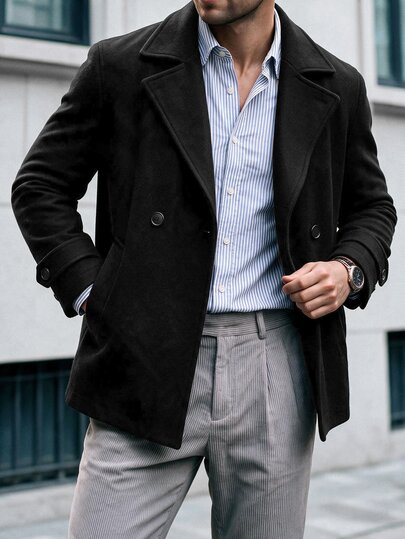 Manfinity Homme Men's Solid Color Casual Long Sleeve Jacket, Suitable For Autumn/Winter Wear, Black Overcoat, Buttoned Overcoat