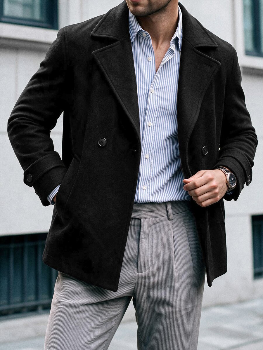 Manfinity Homme 男士純色休閒長袖外套,適合秋冬穿著,黑色大衣,鈕扣式大衣 - 黑色 - 查看 1