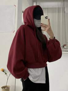 DAZY 女款純色連帽寬鬆短版運動衫 - 酒紅色 - 查看 5