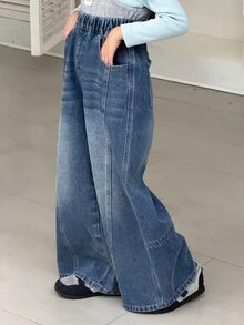 DAZY Tween Girl Wide Leg Loose Casual Denim Jeans With Pockets - Medium Wash - View 1