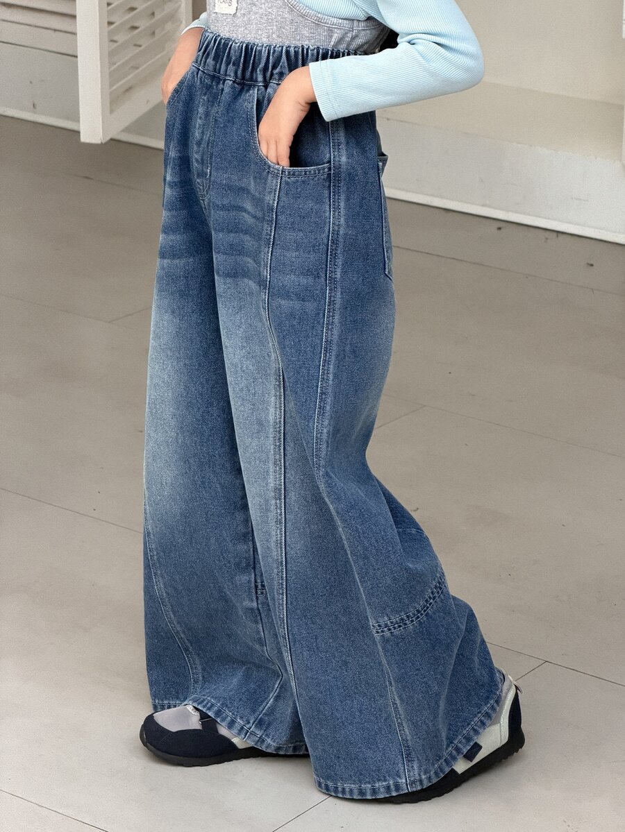 DAZY Tween Girl Wide Leg Loose Casual Denim Jeans With Pockets - Medium Wash - View 1