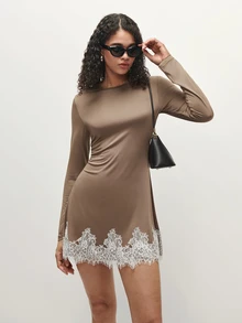 TRNVIE Vestido mini de encaje en contraste - Caqui - Ver 8