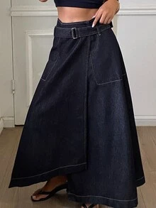 Dazy Tall Women's Long A-Line Casual Denim Skirt - Dark Wash - View 3