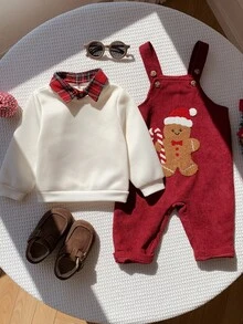 SHEIN 2pcs Baby Boy Autumn/Winter Plaid Shirt Collar Pullover Sweatshirt & Overalls Set, Sweatshirt Set, Overalls Set, Christmas Set, Red Set, Infant Set, Cute Set - Multicolor - View 5