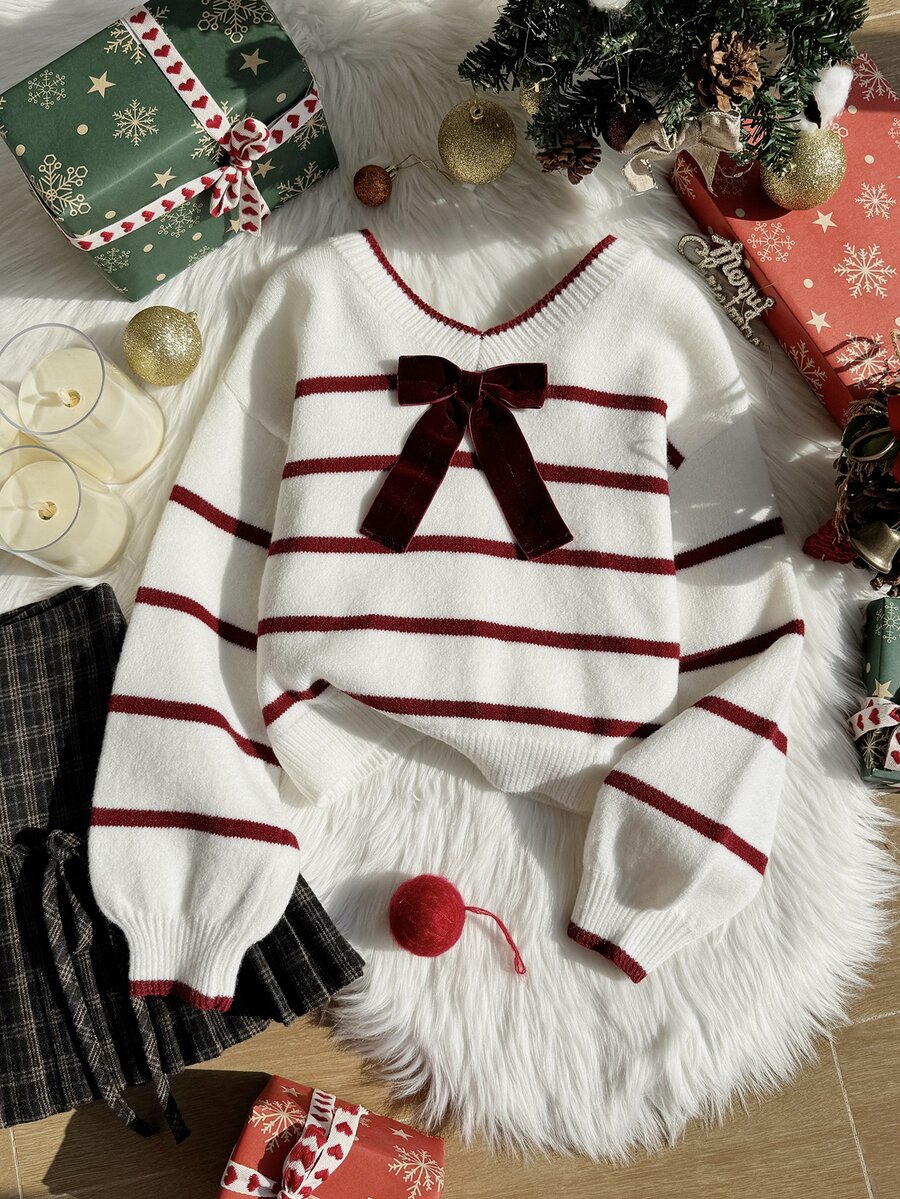 Tween Girl Bow Decor Striped Colorblock Sweater - Multicolor - View 1