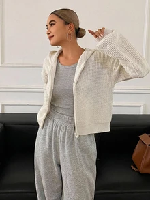 DAZY Solid Color Fitted Short Hooded Long Sleeve Casual Street Vacation Spring Autumn Zip Up Knit Cardigan For Women - Apricot - View 6