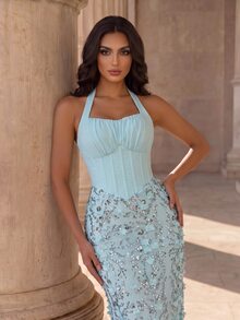 Coutiva Women's Rhinestone Decorated Elegant Cinched Waist Formal Evening Gown Dress - Green - View 8