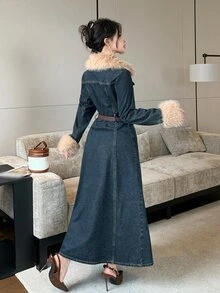 DAZY Women's Washed Denim Long Dress With Fur Collar Design And Cinched Waist - Medium Wash - View 5