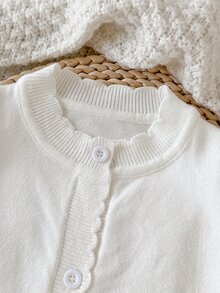 Baby Girls Sweater Co-Ords Fashion Casual Matching Cute Cream White Knit Cardigan Top + Knitted Textured Solid Color Footed Leggings 2pcs Set Autumn - White - View 5