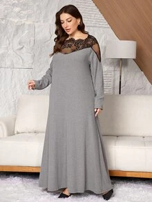 Lacomfia Women's Lace Plus Size Round Neck Long Sleeve Elegant Dress - Grey - View 3
