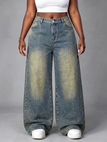 SHEIN MOD Celana Jeans Denim Kasual Longgar Kaki Lebar Pinggang Tinggi Saku Wanita Ukuran Besar - Dark Wash - View 4