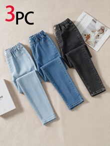 SHEIN 3PCS Tween Girls Jeans - Multicolor - View 4