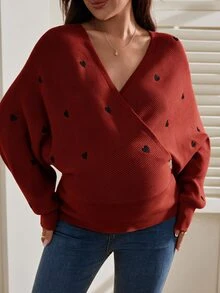 SHEIN 孕婦哺乳心形刺繡優雅長袖針織衫 - 紅木色 - 查看 8