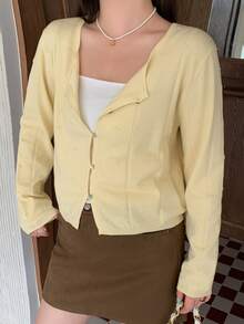 Dazy Plus Plus Size Korean Style Spring/Autumn Jacquard Button Long Sleeve Knit Cardigan - Yellow - View 7