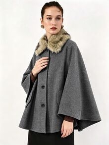 Lumivelle Women's Vintage Oversized Fur Collar Batwing Sleeve Wool Cape Coat - Dark Grey - View 5