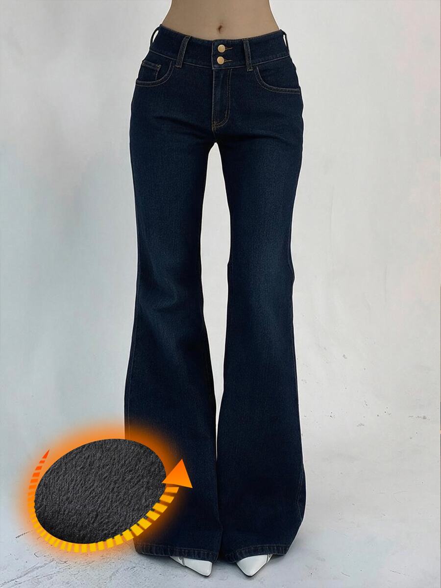 DAZY Women's Double-Breasted Zipper Half-Placket Elegant Fashion Versatile Denim Flare Pants - Dark Wash - View 1