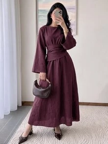 Solavon Women's Solid Color Round Neck Flared Sleeve Ruched Waist Elegant Modest Long Dress Everyday Bday Burgundy Autumn - Burgundy - View 10