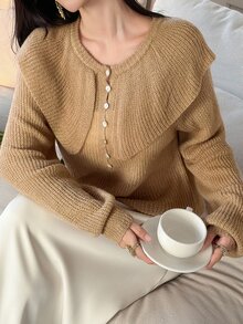 DAZY Women's Khaki Round Neck Pearl Button Loose Short Chunky Knit Long Sleeve Casual Cardigan Jacket - Yellow - View 4