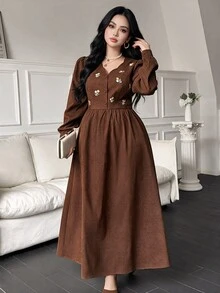 Feyla Đầm xếp ly tay dài cài cúc thêu phong cách vintage size lớn - Cà phê nâu - Xem 4