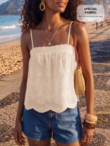 CAJUNI Women's Hollow Embroidery Casual Camisole Tank Top For Vacation - White - View 1