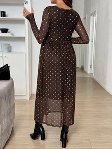 SHEIN 孕婦 1件波點印花哺乳洋裝 秋季 - 棕色 - 查看 7