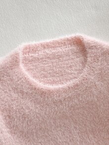 SHEIN 女童淺粉色仿毛絨質感圓領落肩長袖套頭毛衣套裝，搭配百褶裙，秋季嬰幼兒 - 淺粉色 - 查看 3