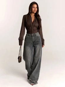 SHEIN BAE Women's Solid Color Deep V-Neck Long Sleeve Ruched Fashion Top - Brown - View 4