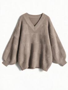 Rustia Plus Size Ribbed V-Neck Minimalist Long Sleeve Pullover Sweater - Camel - View 1