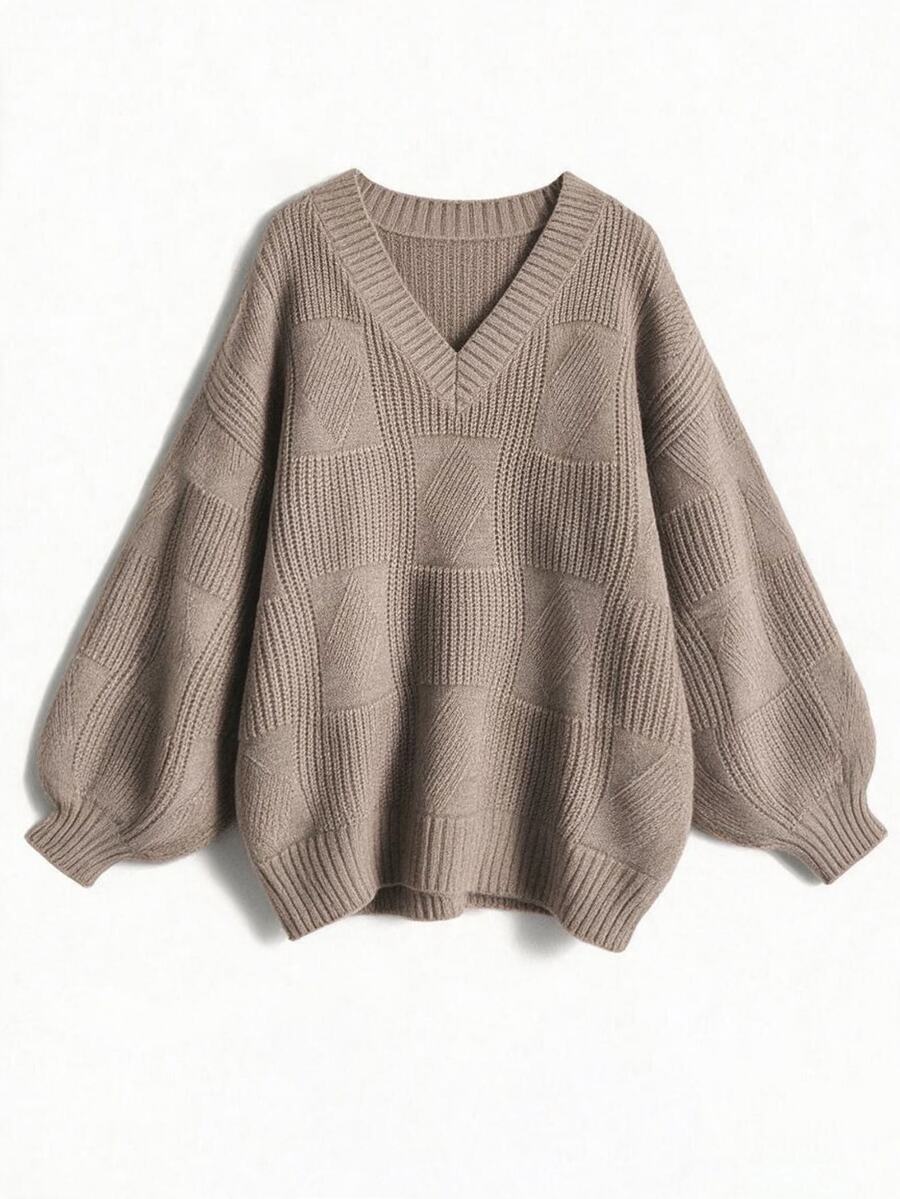 Rustia Plus Size Ribbed V-Neck Minimalist Long Sleeve Pullover Sweater - Camel - View 1