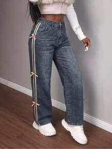 SHEIN MOD Plus Size Women's Bow Decor Pocket Button Casual Everyday Denim Jeans - Dark Wash - View 6