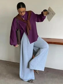 Dazy Plus Small Round Neck Solid Color Casual Versatile Side Slit Design Long Sleeve White Spring Summer Autumn T-Shirt - Purple - View 1