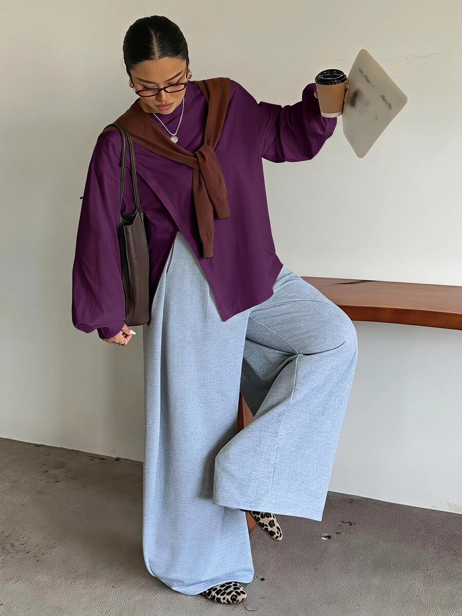 Dazy Plus Small Round Neck Solid Color Casual Versatile Side Slit Design Long Sleeve White Spring Summer Autumn T-Shirt - Purple - View 1
