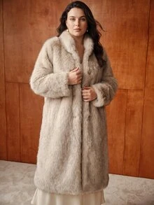MOTF PREMIUM PLUS SIZE WOMEN AUTUMN WINTER STAND COLLAR LOOSE METAL BUTTON FAUX FUR COAT - Khaki - View 6