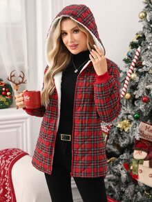 SHEIN Clasi Women's Plaid Long Sleeve Zip-Up Casual Hooded Winter Jacket - Red - View 6