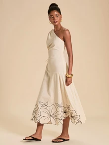 Travachic Women's Floral Print One-Shoulder Sleeveless Elegant Dress - Apricot - View 6