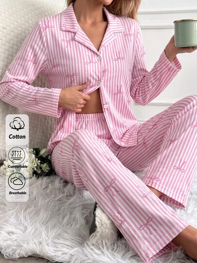 SHEIN Ensemble de pyjama pour femmes avec imprimé rayures roses et nœud, manches longues, chemise à col boutonnée et pantalon droit, tenue de nuit