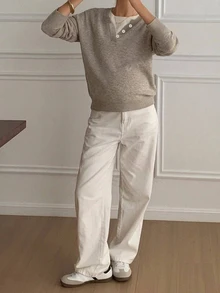 DAZY Patchwork Colorblock Loose Long Sleeve Crew Neck Casual Daily Korean Style Autumn Winter Knit Sweater Maternity Pullover - Khaki - View 4