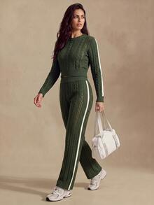 Glamine Women's Colorblock Round Neck Long Sleeve Hollow Out Top And Pants Sports Set - Multicolor - View 4
