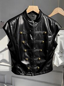 Comfortcana 女款秋冬都市通勤 PU 拿破崙夾克，秋季服飾，女款秋冬夾克，Y2K，基礎上衣，萬聖節，外出穿搭，拿破崙 - 黑色 - 查看 5
