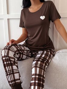 Dream Adore Casual Heart Print Short Sleeve Top & Plaid Print Long Pants Women Pajama Set - Coffee Brown - View 7