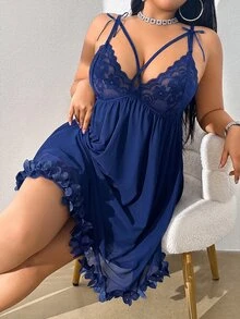 Ocili Plus Contrast Lace Appliques Mesh Cami Sleep Dress - Navy Blue - View 3